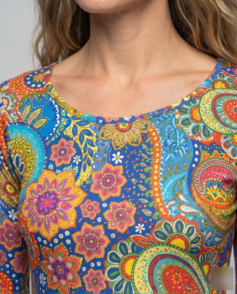 Damen Paisley-Swingkleid Glockenärmel Unterbrust-Raffung Knielang