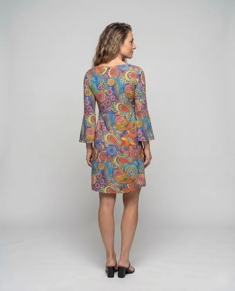 Damen Paisley-Swingkleid Glockenärmel Unterbrust-Raffung Knielang