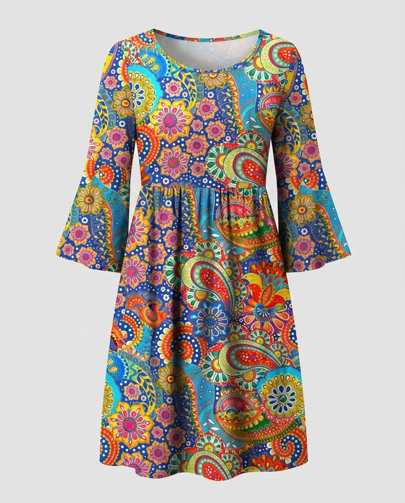 Damen Paisley-Swingkleid Glockenärmel Unterbrust-Raffung Knielang