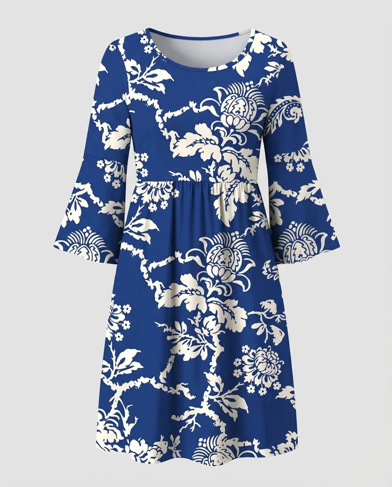 Damen Paisley-Swingkleid Glockenärmel Unterbrust-Raffung Knielang