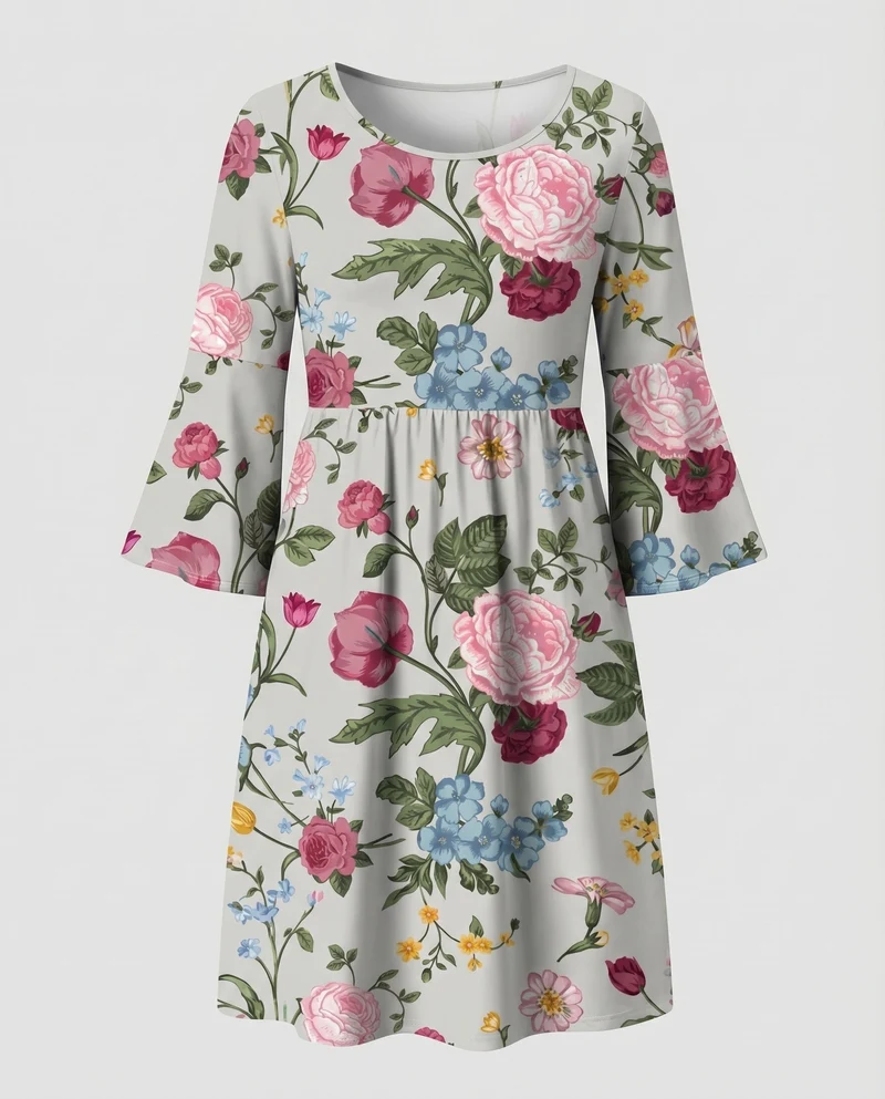 Damen Paisley-Swingkleid Glockenärmel Unterbrust-Raffung Knielang