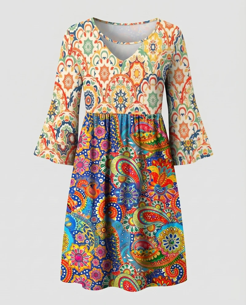 Damen Paisley-Swingkleid Glockenärmel Unterbrust-Raffung Knielang