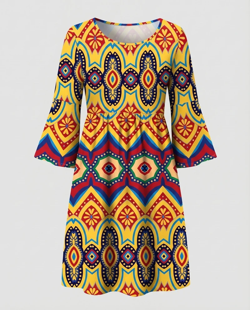 Damen Paisley-Swingkleid Glockenärmel Unterbrust-Raffung Knielang