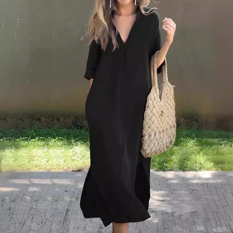 Damen lässiges Midikleid aus leichtem Material mit V-Ausschnitt und Seitentaschen