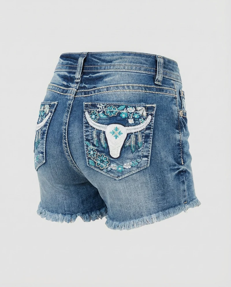 Damen Jeans-Shorts Tailliert Longhorn Stickerei