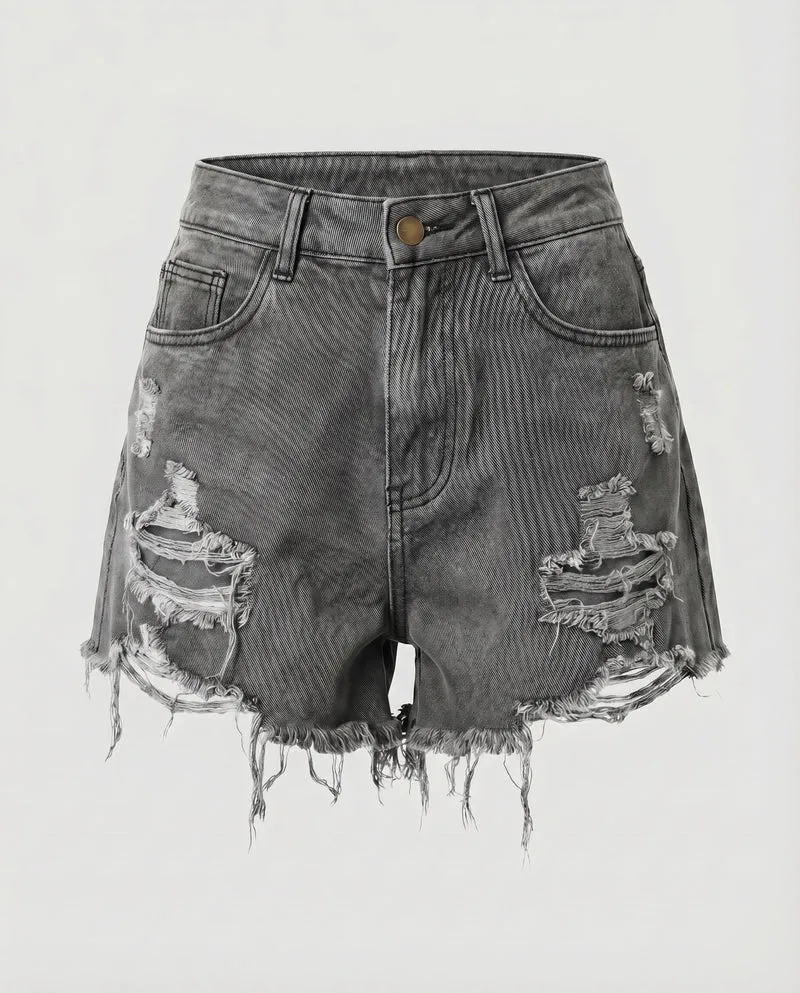 Damen Denim-Shorts Asymmetrisch Destroyed-Look