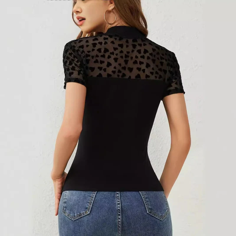 Damen nan figurbetonter Body mit transparentem Herz-Mesh und Stehkragen
