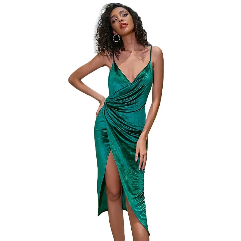 Damen Elegantes Wickelkleid mit hohem Beinschlitz und Spaghettiträgern