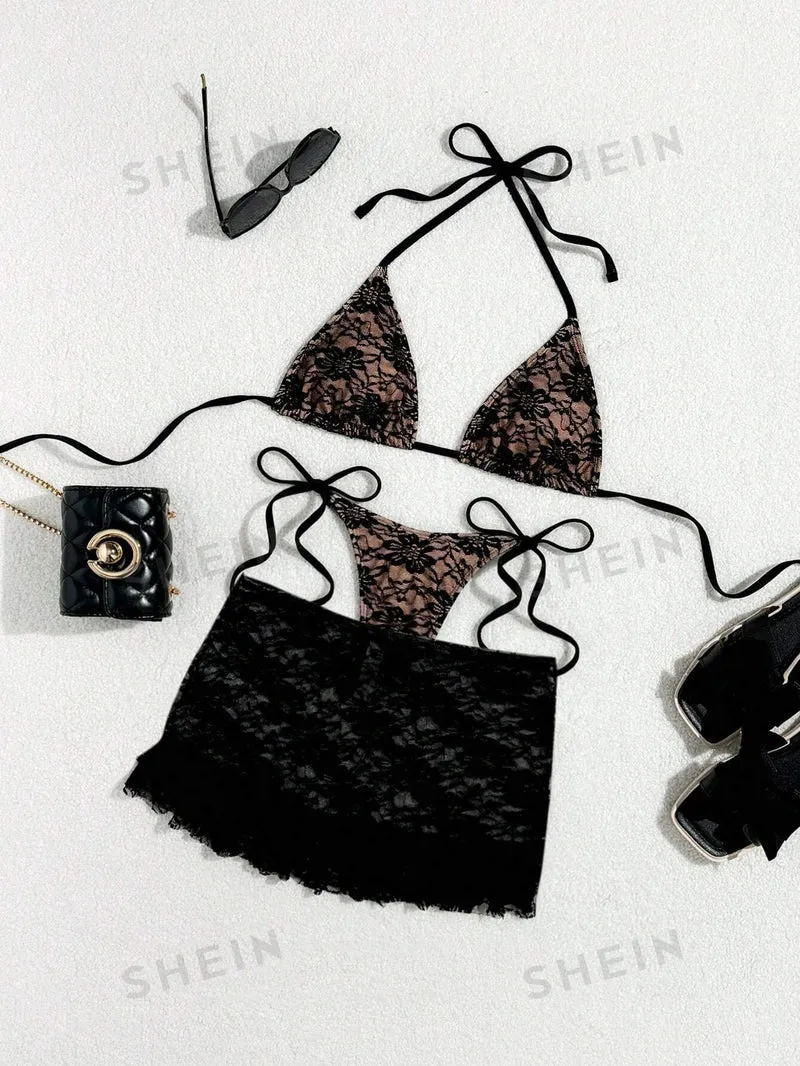 Damen Spitzen-Bikini mit floralem Design und fließendem Rock