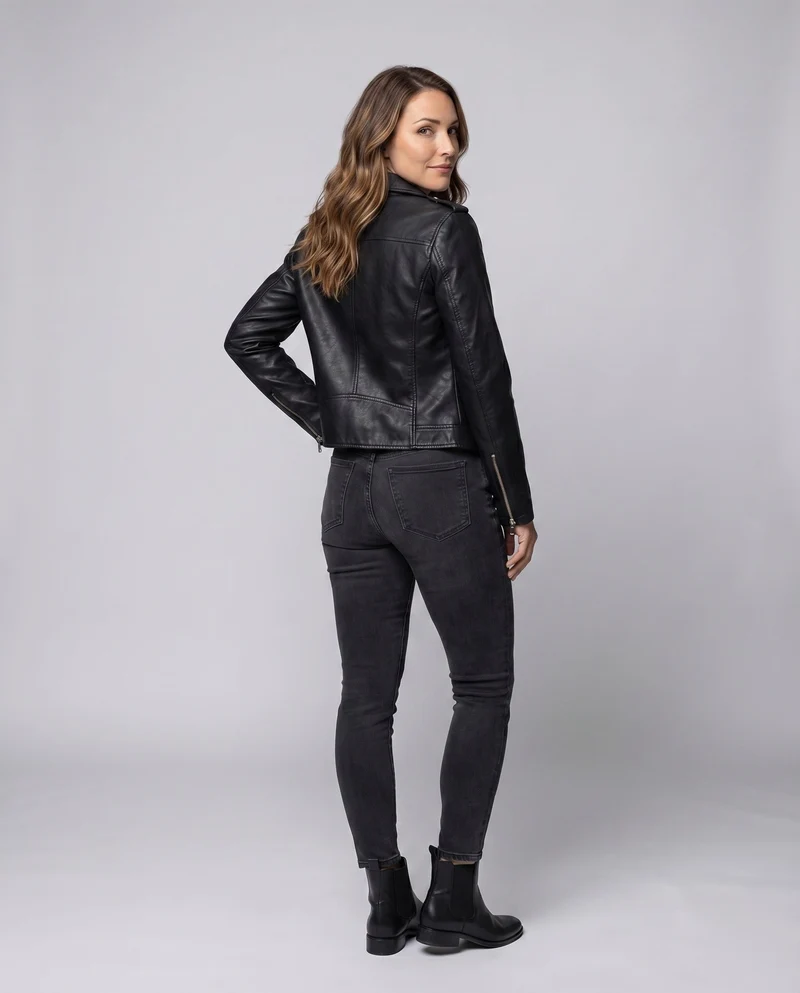 Damen Kurzblouson Revers-Stil Vegan-Leder Asymmetrisch