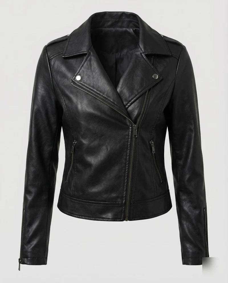 Damen Kurzblouson Revers-Stil Vegan-Leder Asymmetrisch