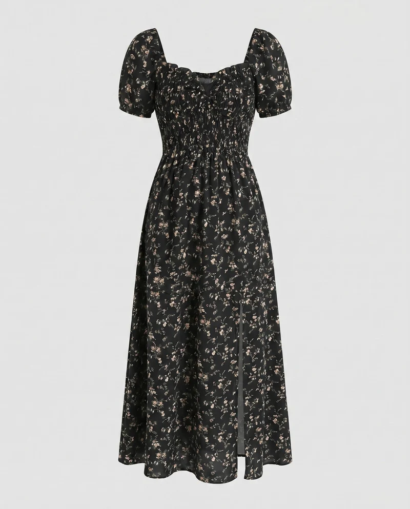 Damen Maxikleid mit Rüschendetails, schlanker Silhouette und elegantem Schlitz
