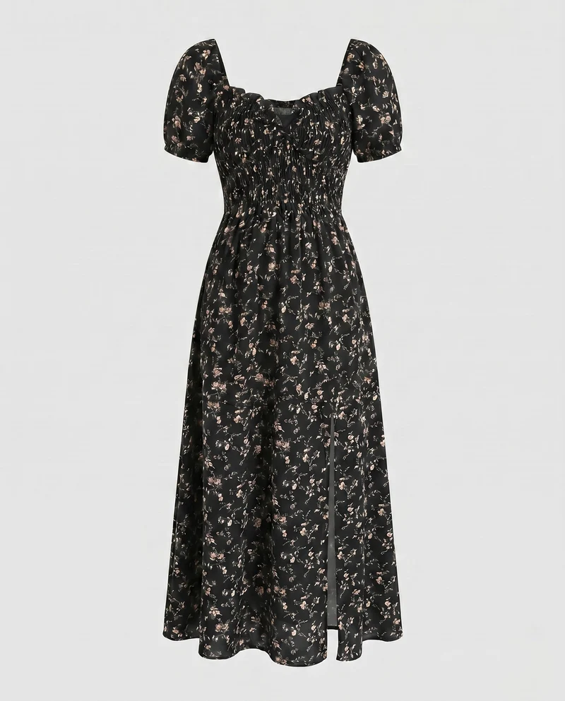 Damen Maxikleid mit Rüschendetails, schlanker Silhouette und elegantem Schlitz