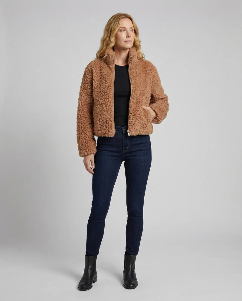 Kuschelige Teddyjacke in Zimtbraun mit Zipper & Cropped Schnitt