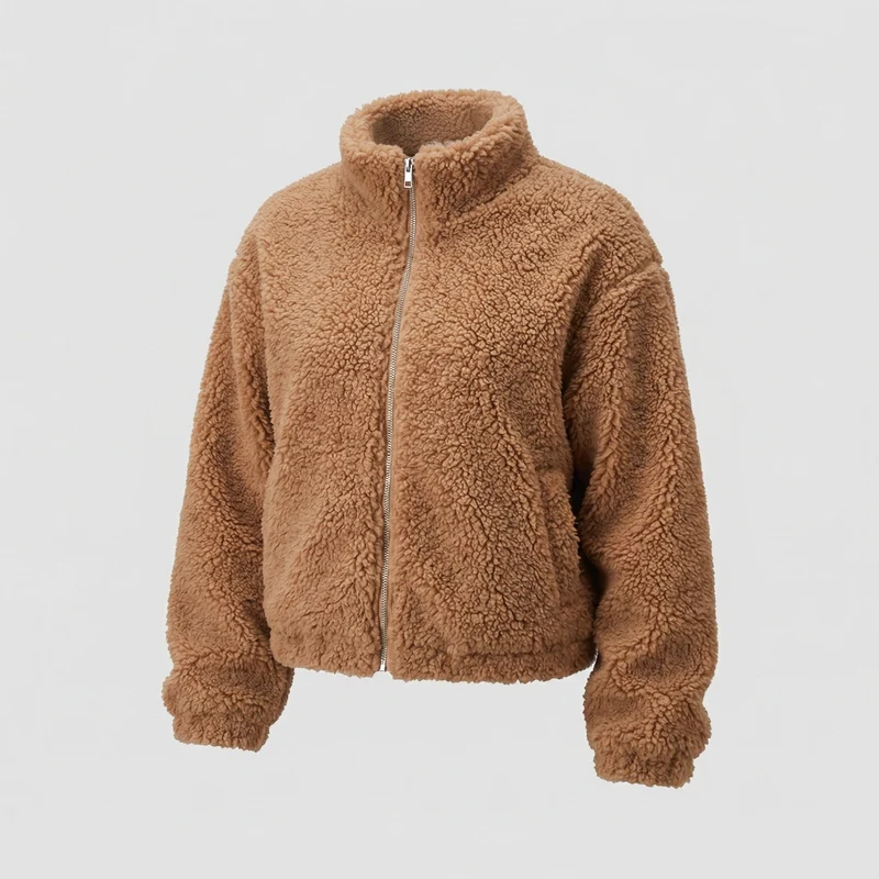 Kuschelige Teddyjacke in Zimtbraun mit Zipper & Cropped Schnitt