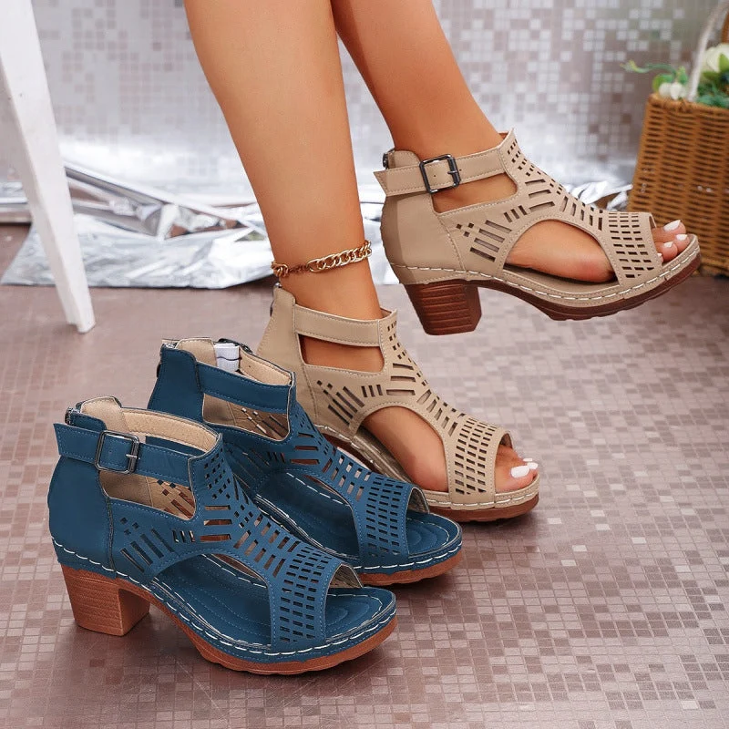 Damen trendige Sandalen mit durchbrochenem Design und Holz-Elementen