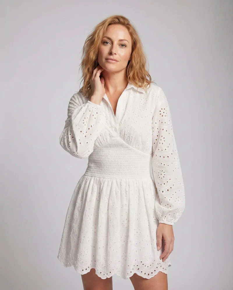 Damen Kleid Lochstickerei Smokbund Ballonärmel Hemdkragen