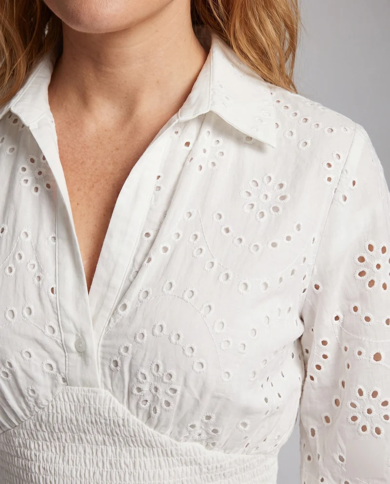 Damen Kleid Lochstickerei Smokbund Ballonärmel Hemdkragen