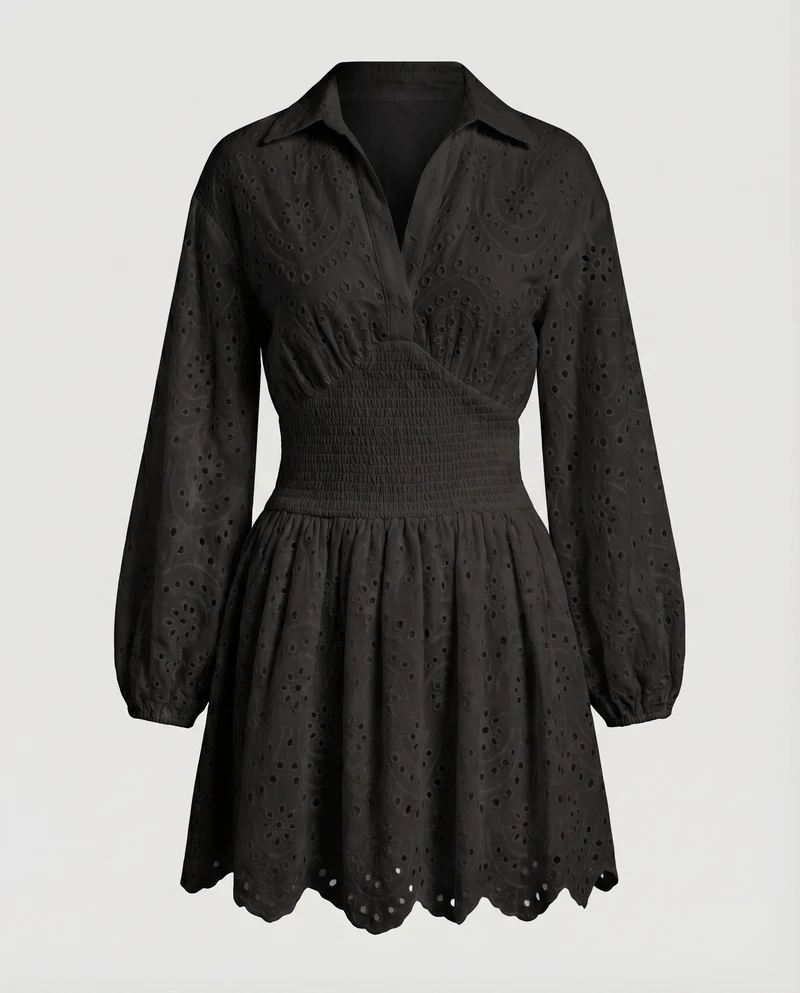 Damen Kleid Lochstickerei Smokbund Ballonärmel Hemdkragen
