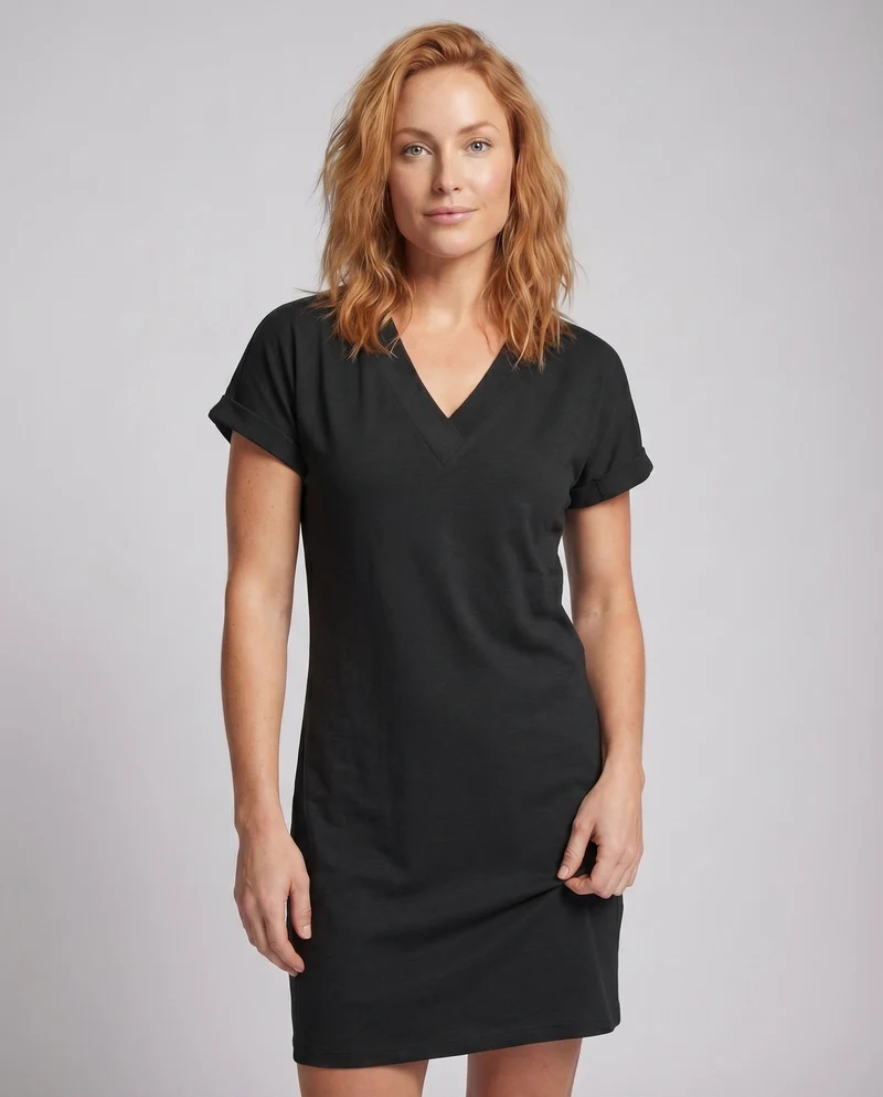 Damen Tunika-Kleid V-Ausschnitt Umschlagärmel Seitentaschen