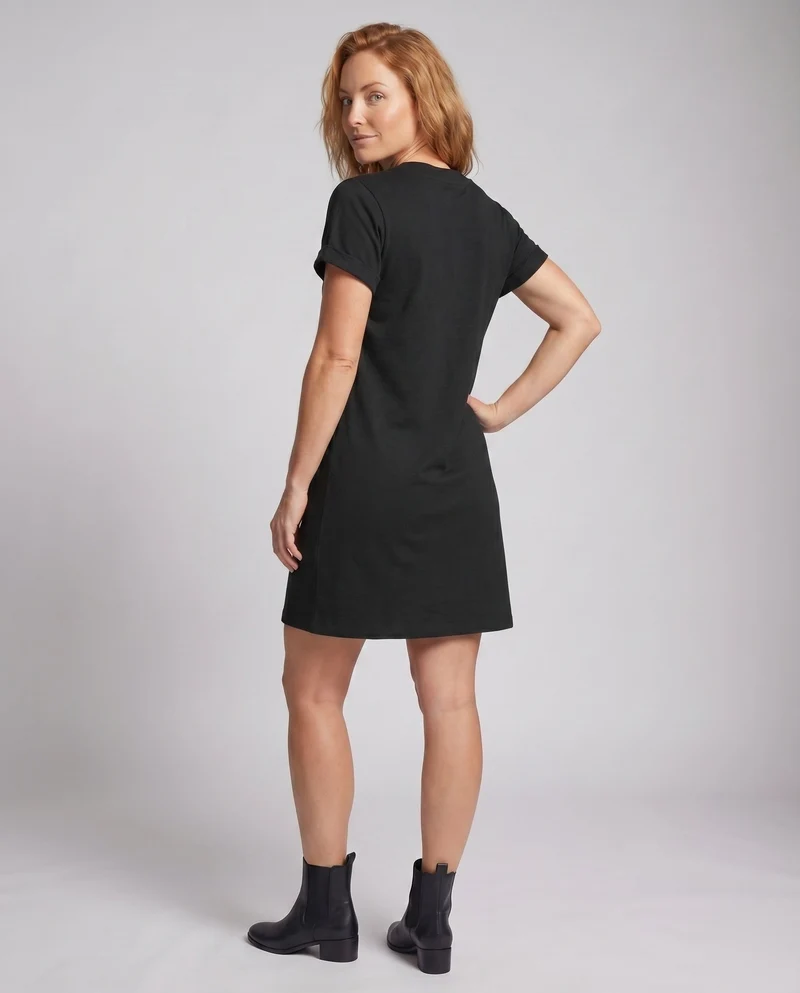 Damen Tunika-Kleid V-Ausschnitt Umschlagärmel Seitentaschen
