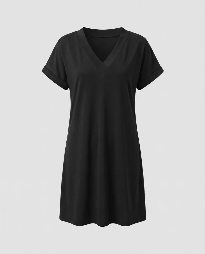 Damen Tunika-Kleid V-Ausschnitt Umschlagärmel Seitentaschen