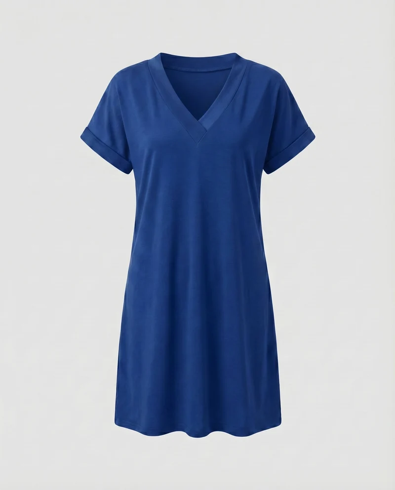 Damen Tunika-Kleid V-Ausschnitt Umschlagärmel Seitentaschen
