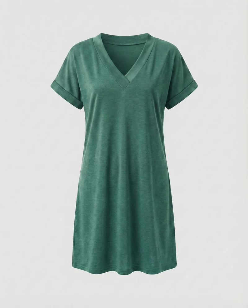 Damen Tunika-Kleid V-Ausschnitt Umschlagärmel Seitentaschen