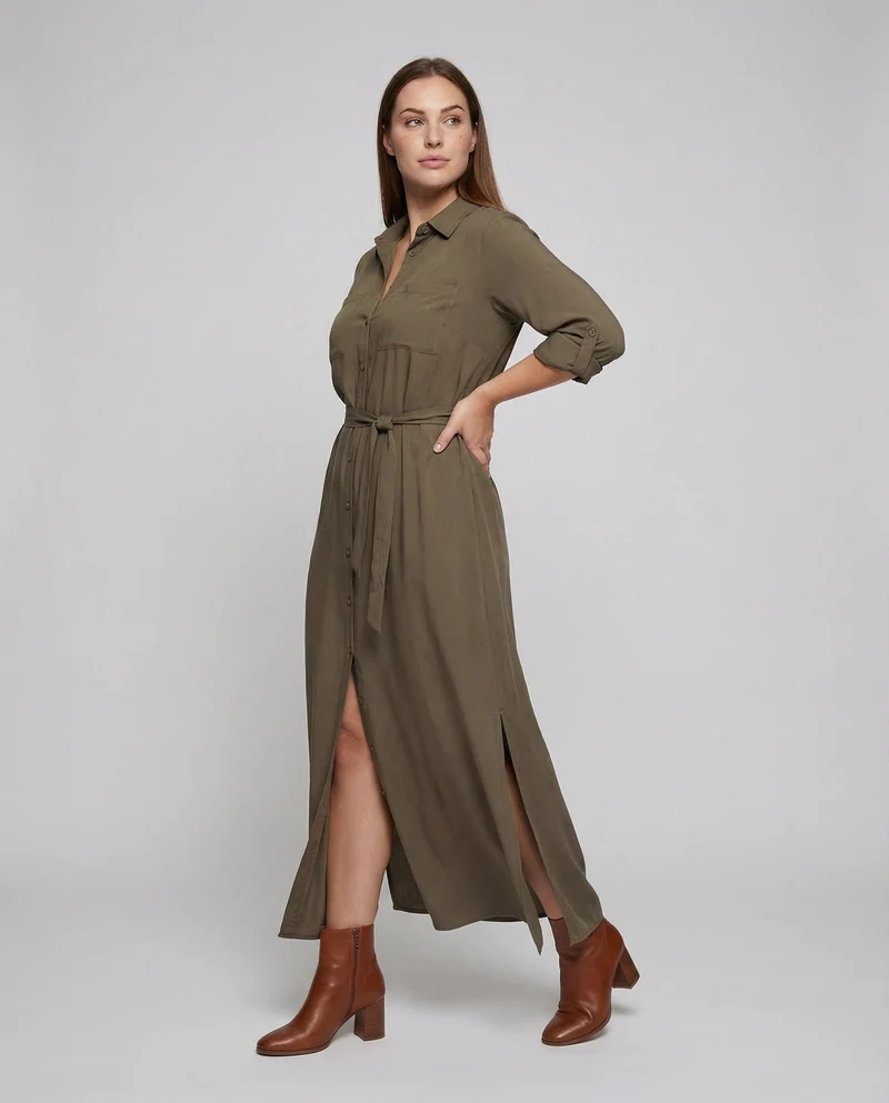 Damen Hemdjacken-Kleid mit geflochtenem Ledergürtel