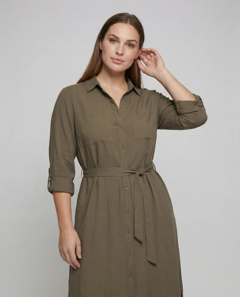 Damen Hemdjacken-Kleid mit geflochtenem Ledergürtel