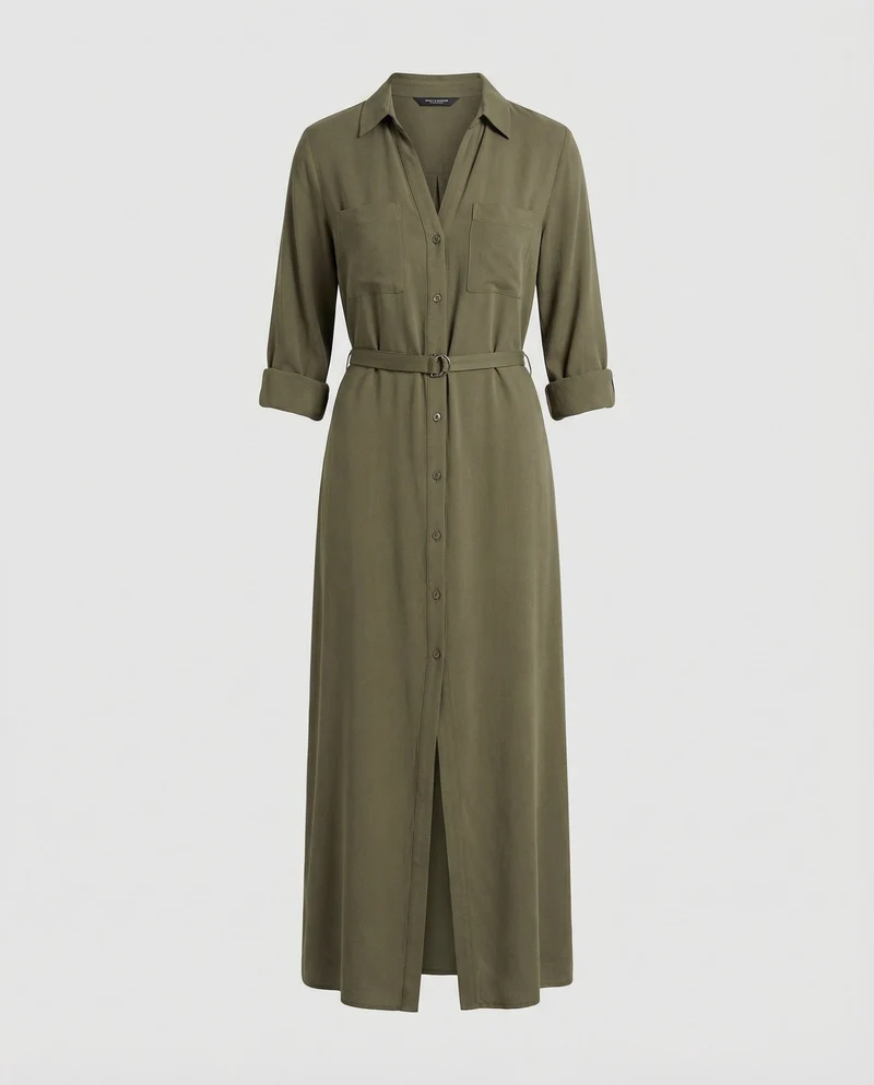Damen Hemdjacken-Kleid mit geflochtenem Ledergürtel