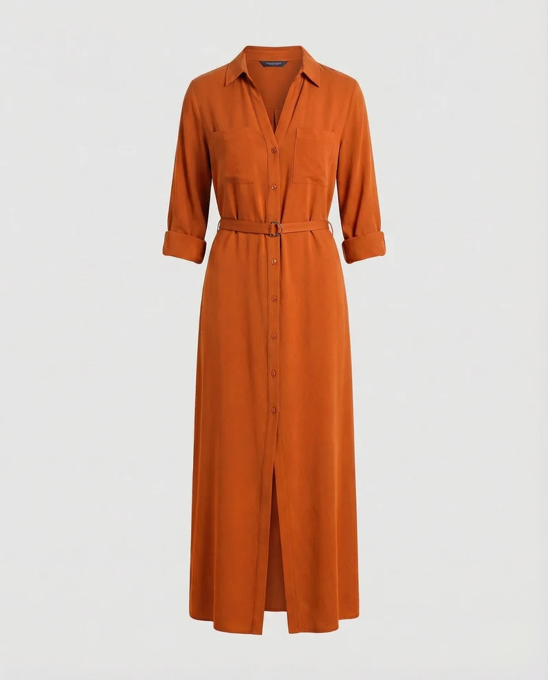 Damen Hemdjacken-Kleid mit geflochtenem Ledergürtel