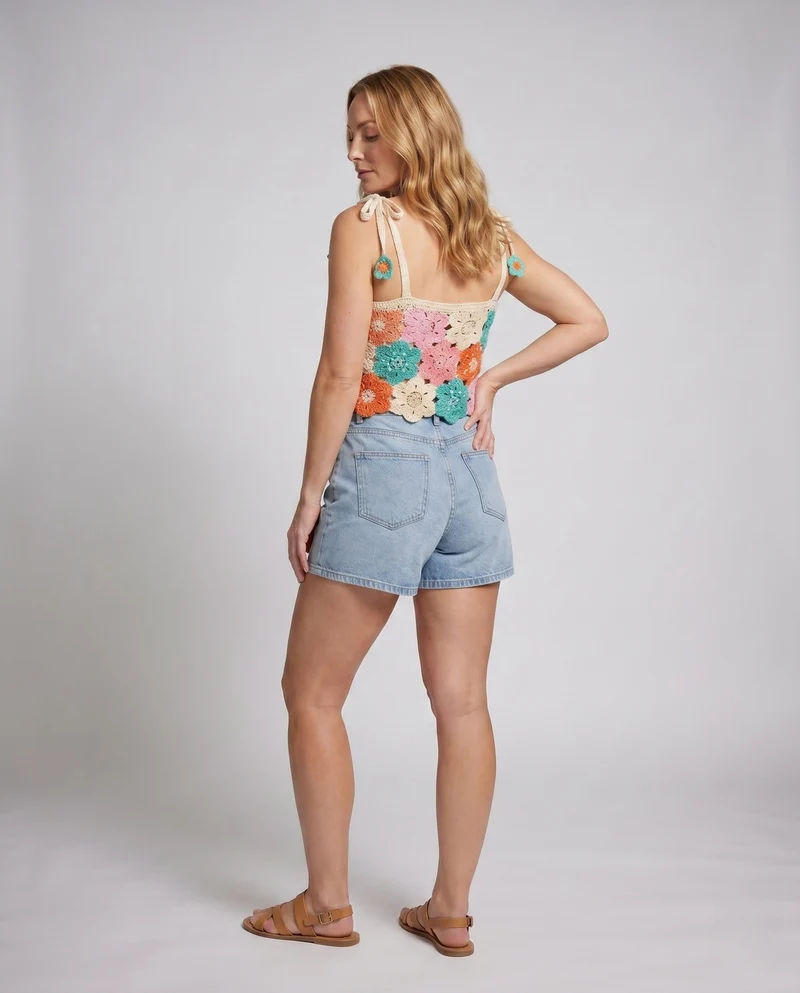 Damen Häkel-Crop-Top mit bunten Blütenmotiven und Spaghetti-Trägern Nord Taschen