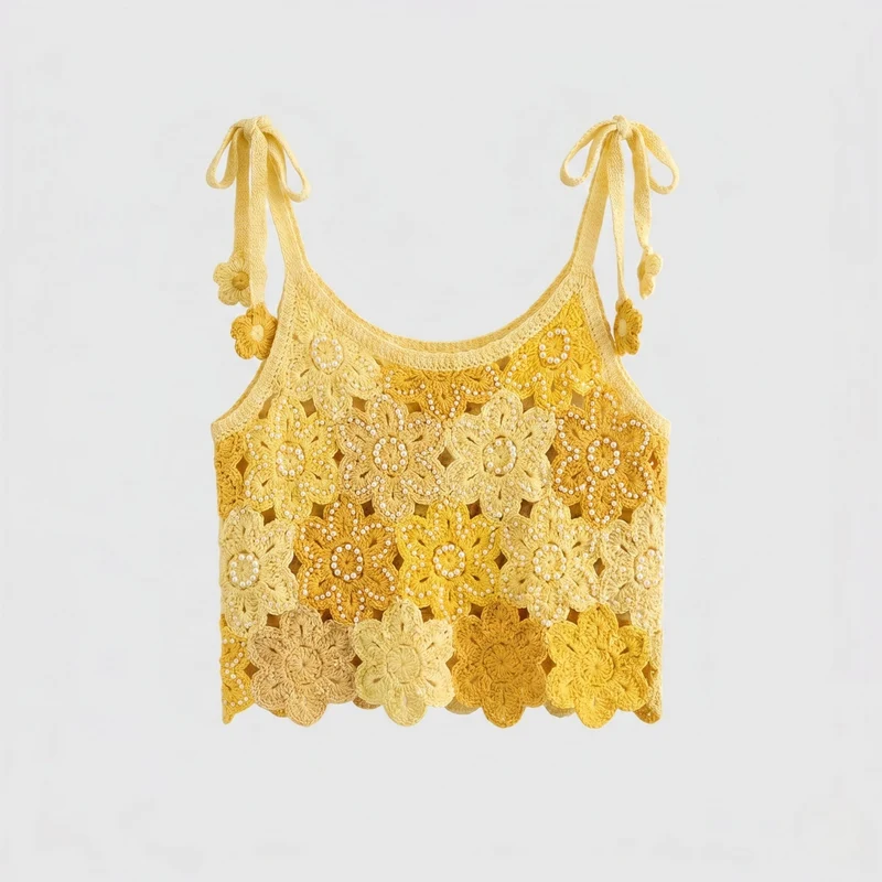 Damen Häkel-Crop-Top mit bunten Blütenmotiven und Spaghetti-Trägern Nord Taschen
