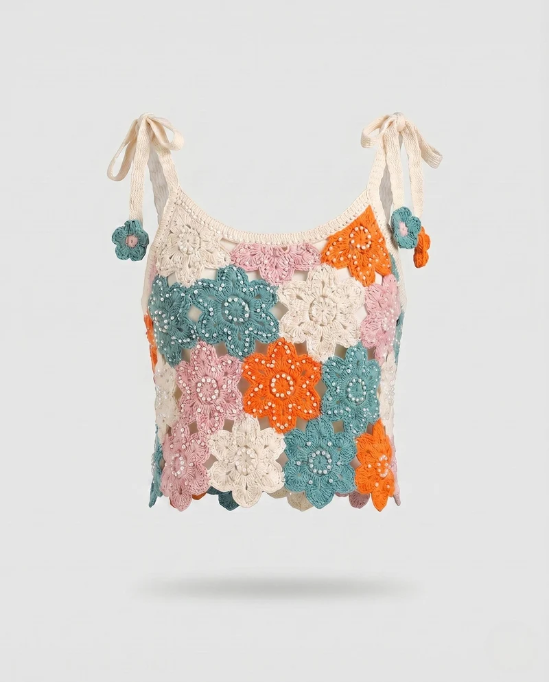 Damen Häkel-Crop-Top mit bunten Blütenmotiven und Spaghetti-Trägern Nord Taschen