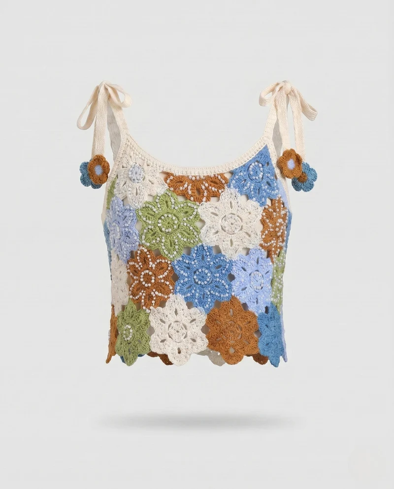Damen Häkel-Crop-Top mit bunten Blütenmotiven und Spaghetti-Trägern Nord Taschen