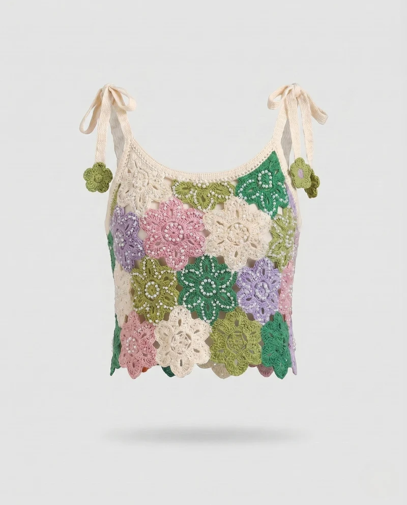 Damen Häkel-Crop-Top mit bunten Blütenmotiven und Spaghetti-Trägern Nord Taschen