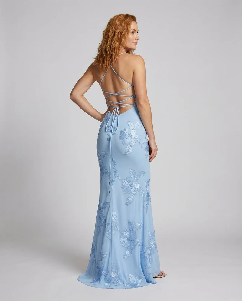 Damen nan figurbetontes Meerjungfrauen-Abendkleid mit Bügel‑Corsage, Spaghettiträgern und floraler dreidimensionaler Stickerei