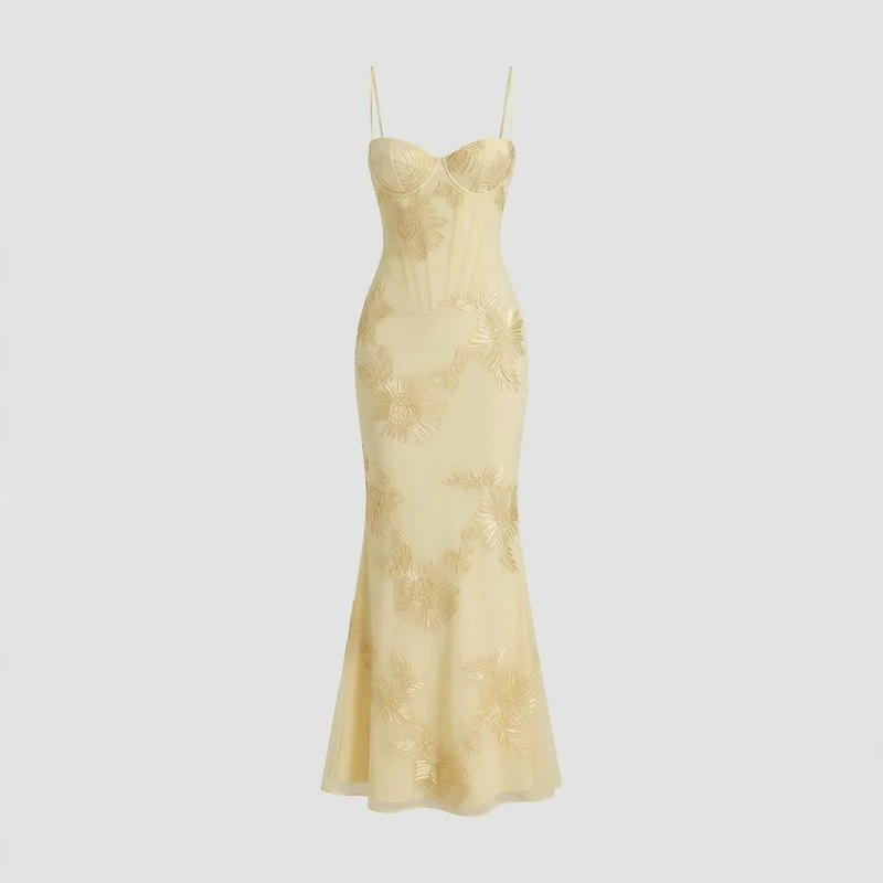 Damen nan figurbetontes Meerjungfrauen-Abendkleid mit Bügel‑Corsage, Spaghettiträgern und floraler dreidimensionaler Stickerei