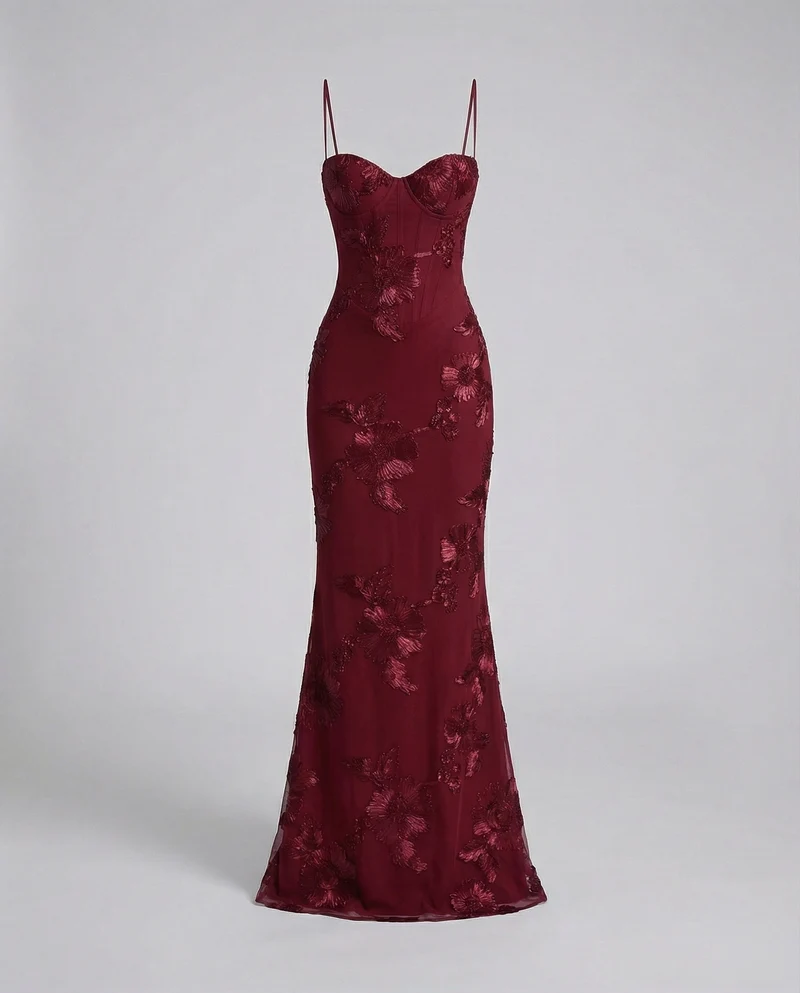 Damen nan figurbetontes Meerjungfrauen-Abendkleid mit Bügel‑Corsage, Spaghettiträgern und floraler dreidimensionaler Stickerei
