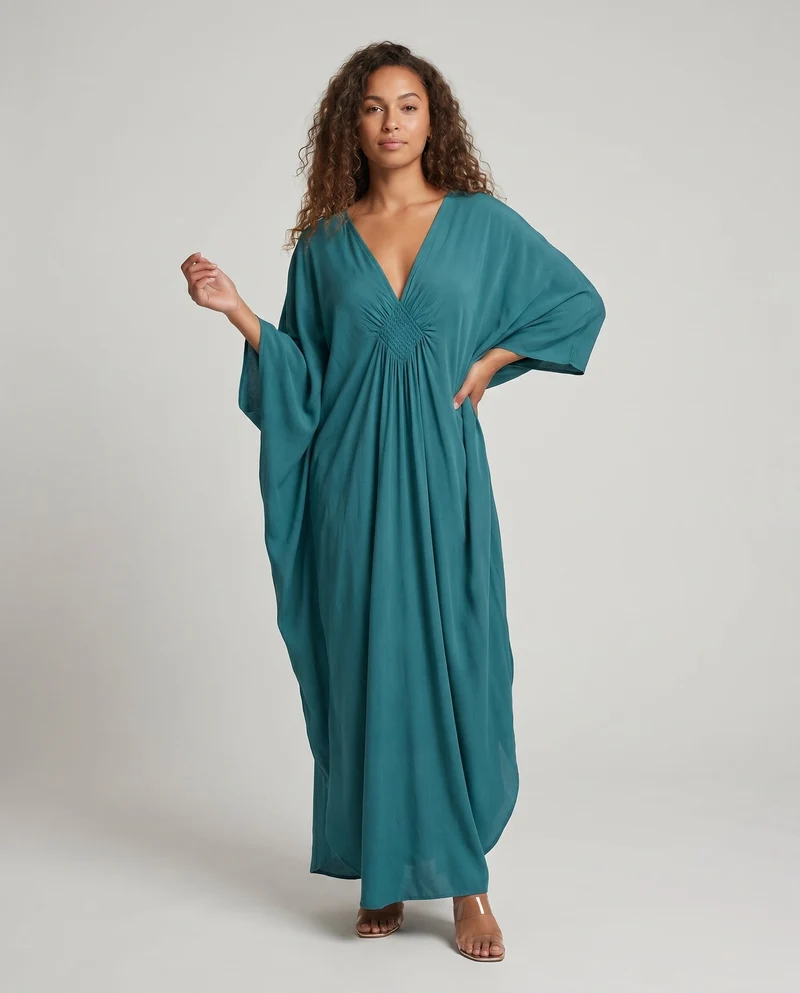 Damen eleganter Maxikleid mit tiefem V-Ausschnitt und seitlichen Schlitzen