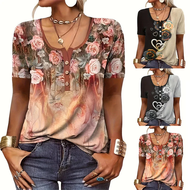Damen Blusenshirt mit floralem Design und Knopfdetails