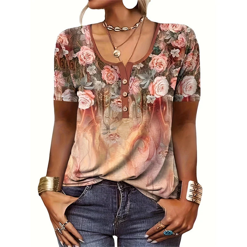 Damen Blusenshirt mit floralem Design und Knopfdetails