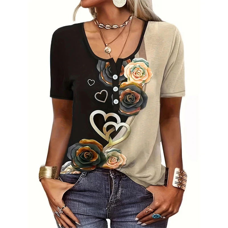 Damen Blusenshirt mit floralem Design und Knopfdetails