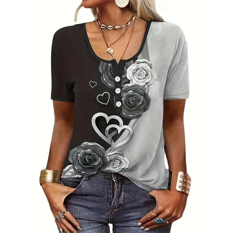 Damen Blusenshirt mit floralem Design und Knopfdetails