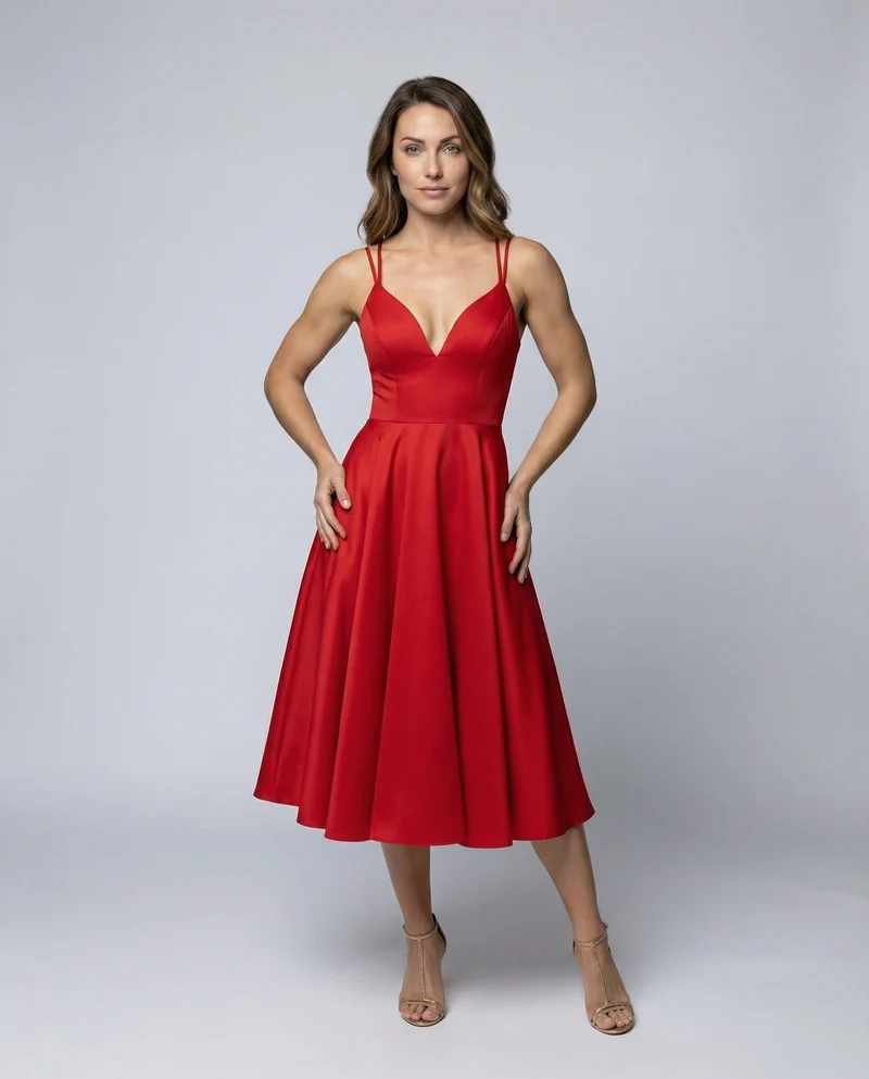 Damen Retro-Midikleid Herzausschnitt Tellerrock