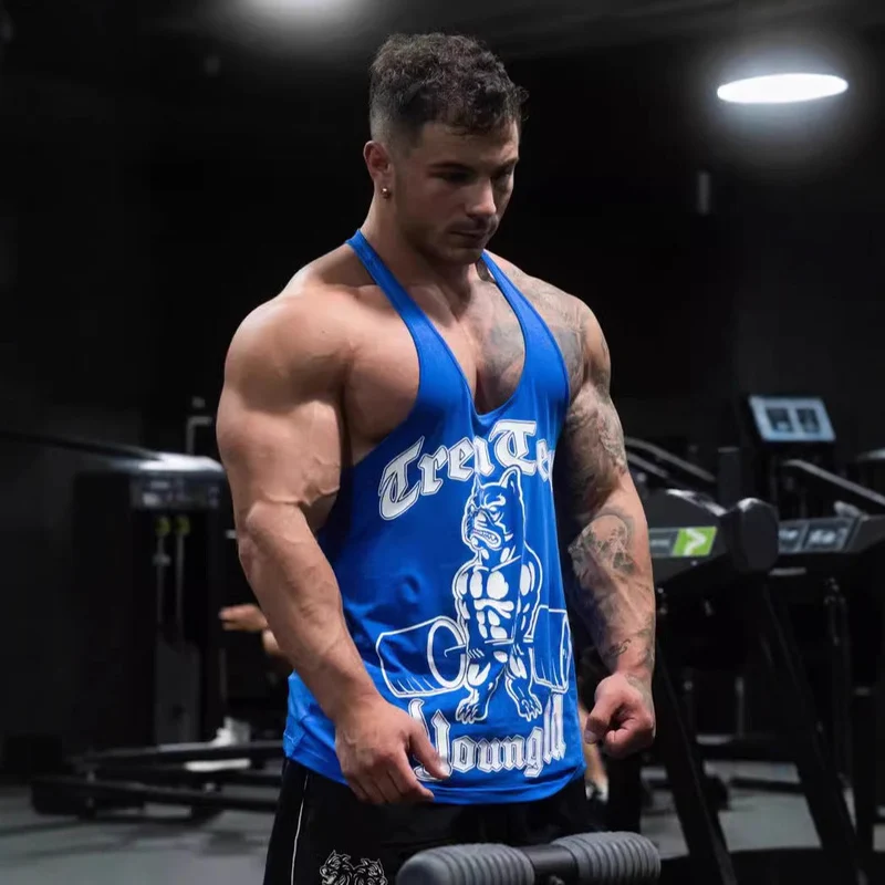 Herren nan figurbetontes Fitness-Tanktop mit Bulldoggen-Grafik und extra tiefen Armausschnitten