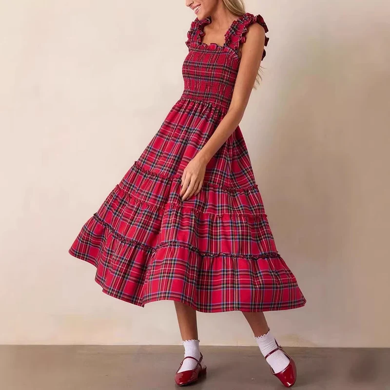 Damen Maxikleid mit voluminösen Rüschendetails und klassischen Karo-Muster