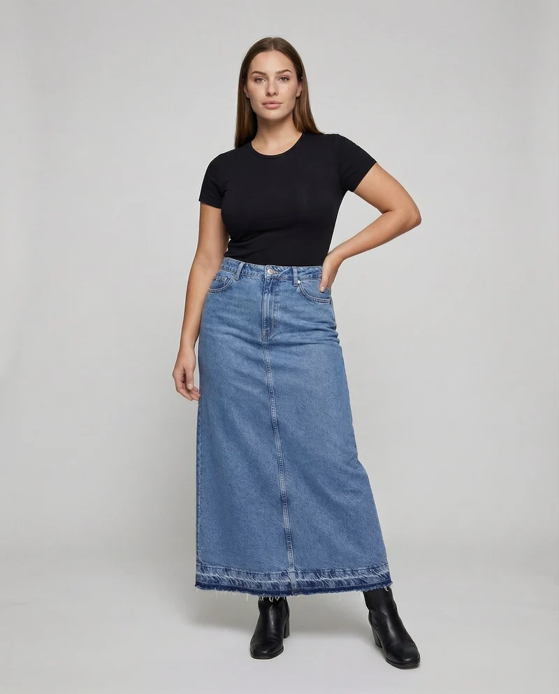 Damen langer Jeansrock mit mittigem Beinschlitz