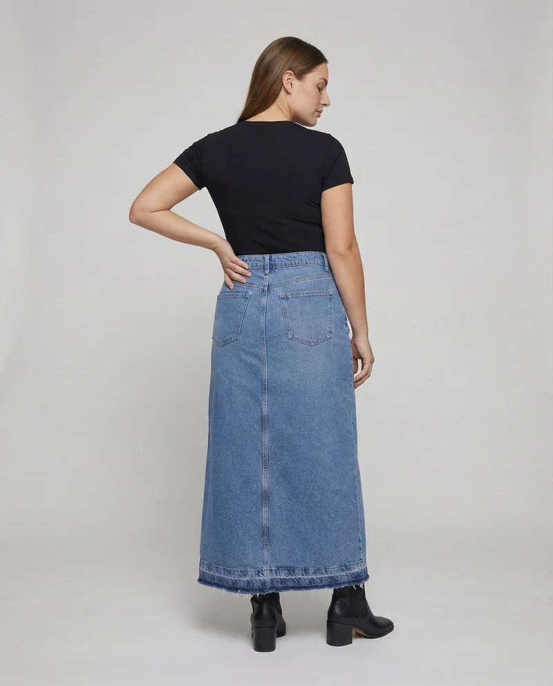 Damen langer Jeansrock mit mittigem Beinschlitz